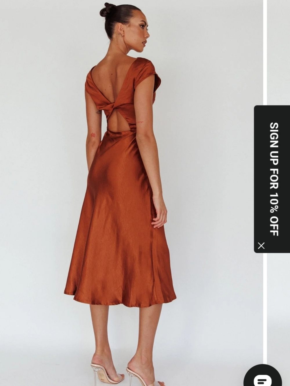 NWT Selfie Leslie Chocolate Brown Satin Twist-Back Midi Dress Copper Lucinda S